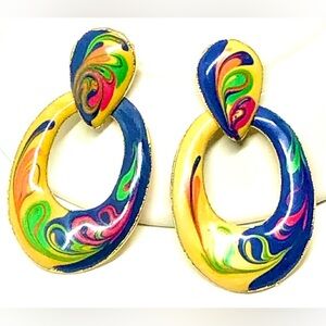 Vintage Colorful Swirled Multicolor Teardrop Hinged Oval Hoops Hoop Earrings 2”